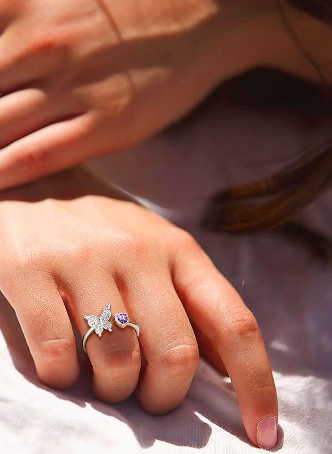 Bestyle CZ Butterfly Rings for Women Sterling Silver June Birthstone Heart Alexandrite Butterflies Ring Silver Band Ring Funny Cute Ring Jewelry Mom Wife Daughter - Image 2